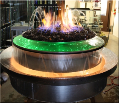 Custom fire and water features designed with fireglass and LED lights